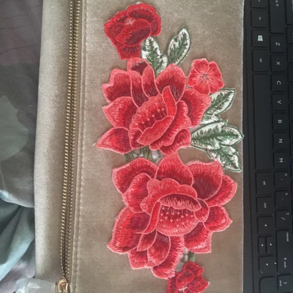 Sued Rose Embroidered Clutch